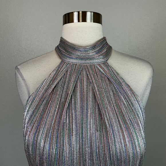 Silver Metallic Halter Evening Gown Size 12 Ruffled A-Line Long Dress by AQUA - Picture 7 of 13